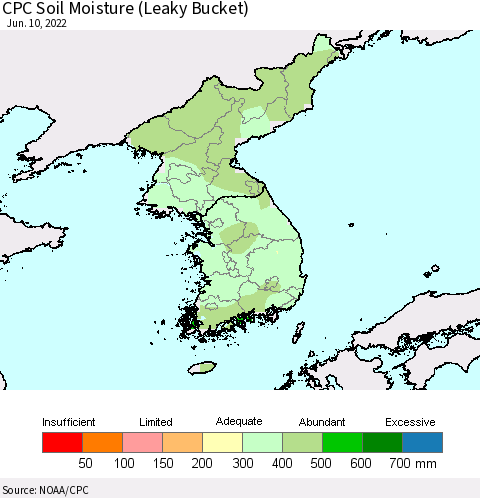 Korea CPC Calculated Soil Moisture (Leaky Bucket) Thematic Map For 6/6/2022 - 6/10/2022