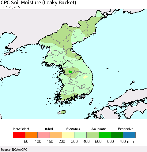 Korea CPC Calculated Soil Moisture (Leaky Bucket) Thematic Map For 6/16/2022 - 6/20/2022