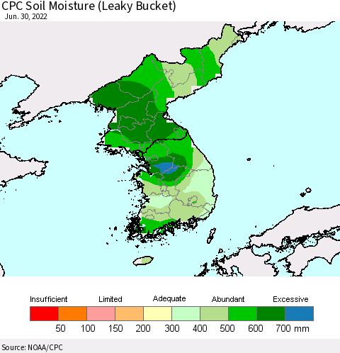 Korea CPC Calculated Soil Moisture (Leaky Bucket) Thematic Map For 6/26/2022 - 6/30/2022