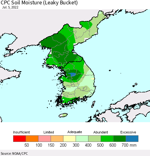 Korea CPC Soil Moisture (Leaky Bucket) Thematic Map For 7/1/2022 - 7/5/2022