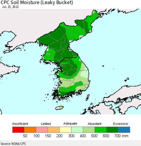Korea CPC Calculated Soil Moisture (Leaky Bucket) Thematic Map For 7/21/2022 - 7/25/2022