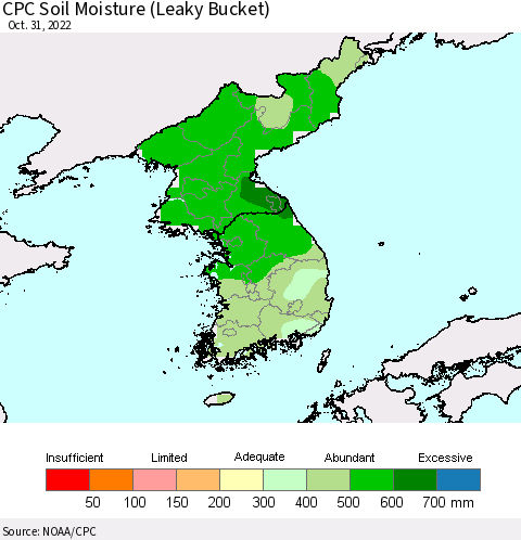 Korea CPC Calculated Soil Moisture (Leaky Bucket) Thematic Map For 10/26/2022 - 10/31/2022