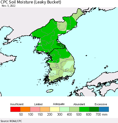 Korea CPC Calculated Soil Moisture (Leaky Bucket) Thematic Map For 11/1/2022 - 11/5/2022