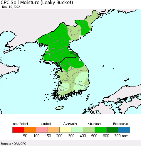 Korea CPC Calculated Soil Moisture (Leaky Bucket) Thematic Map For 11/6/2022 - 11/10/2022