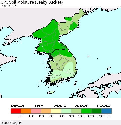 Korea CPC Calculated Soil Moisture (Leaky Bucket) Thematic Map For 11/21/2022 - 11/25/2022