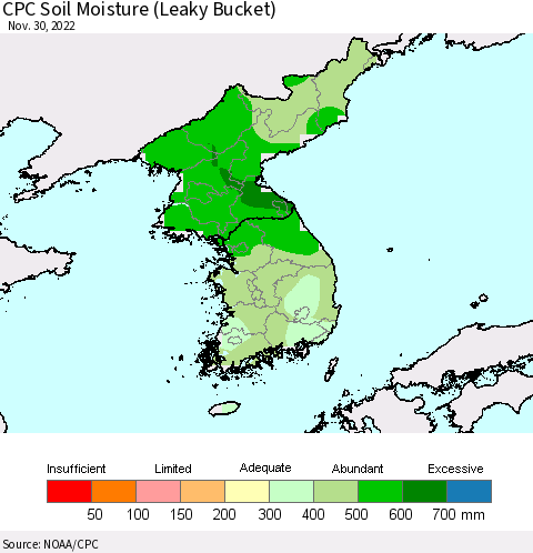 Korea CPC Calculated Soil Moisture (Leaky Bucket) Thematic Map For 11/26/2022 - 11/30/2022
