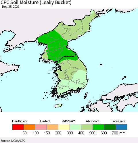 Korea CPC Calculated Soil Moisture (Leaky Bucket) Thematic Map For 12/21/2022 - 12/25/2022