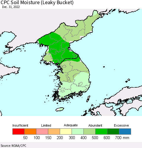 Korea CPC Calculated Soil Moisture (Leaky Bucket) Thematic Map For 12/26/2022 - 12/31/2022