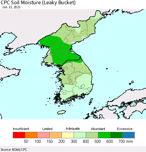 Korea CPC Soil Moisture (Leaky Bucket) Thematic Map For 1/11/2023 - 1/15/2023