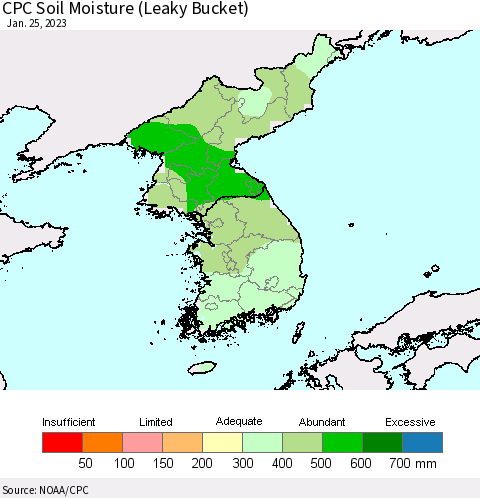 Korea CPC Calculated Soil Moisture (Leaky Bucket) Thematic Map For 1/21/2023 - 1/25/2023