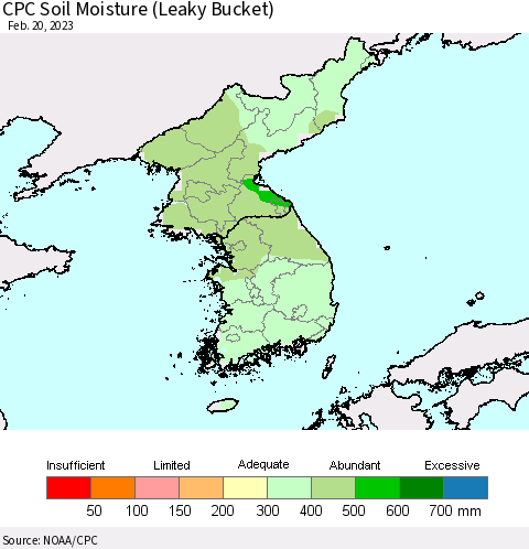 Korea CPC Soil Moisture (Leaky Bucket) Thematic Map For 2/16/2023 - 2/20/2023
