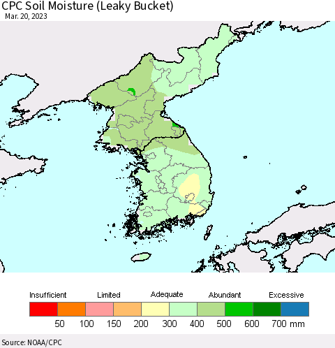 Korea CPC Soil Moisture (Leaky Bucket) Thematic Map For 3/16/2023 - 3/20/2023