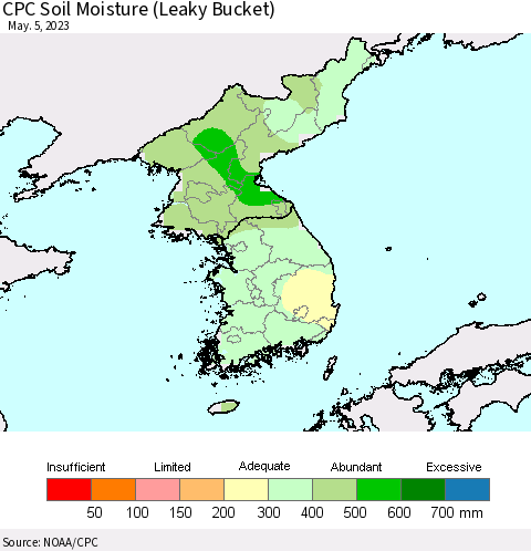 Korea CPC Soil Moisture (Leaky Bucket) Thematic Map For 5/1/2023 - 5/5/2023