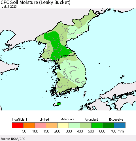 Korea CPC Soil Moisture (Leaky Bucket) Thematic Map For 7/1/2023 - 7/5/2023