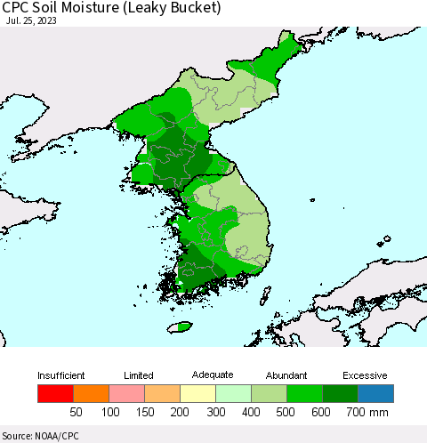 Korea CPC Soil Moisture (Leaky Bucket) Thematic Map For 7/21/2023 - 7/25/2023