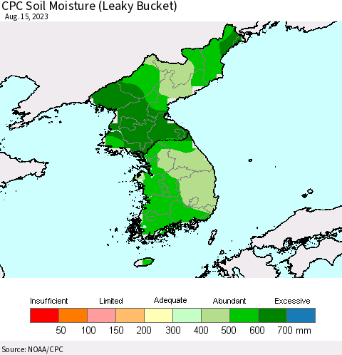 Korea CPC Soil Moisture (Leaky Bucket) Thematic Map For 8/11/2023 - 8/15/2023