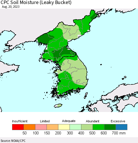 Korea CPC Soil Moisture (Leaky Bucket) Thematic Map For 8/16/2023 - 8/20/2023
