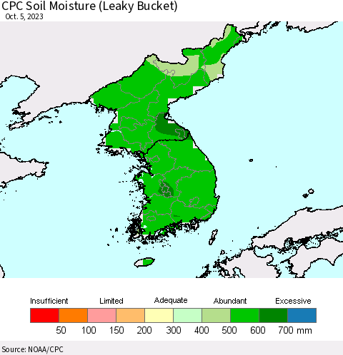 Korea CPC Soil Moisture (Leaky Bucket) Thematic Map For 10/1/2023 - 10/5/2023