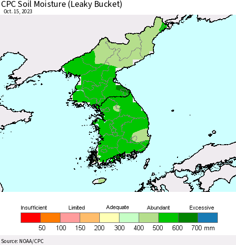 Korea CPC Soil Moisture (Leaky Bucket) Thematic Map For 10/11/2023 - 10/15/2023