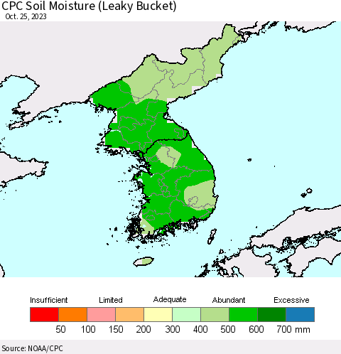 Korea CPC Soil Moisture (Leaky Bucket) Thematic Map For 10/21/2023 - 10/25/2023
