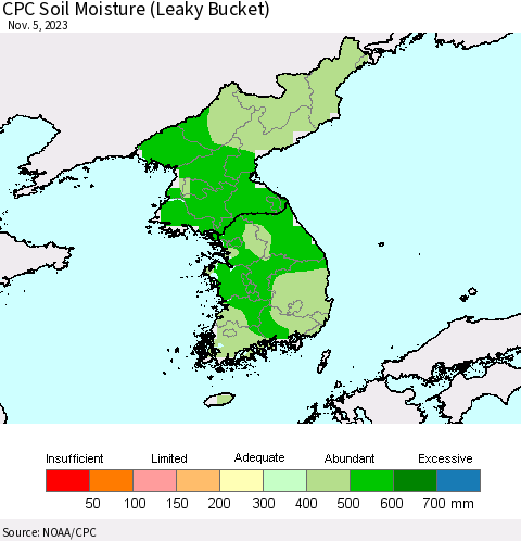 Korea CPC Soil Moisture (Leaky Bucket) Thematic Map For 11/1/2023 - 11/5/2023