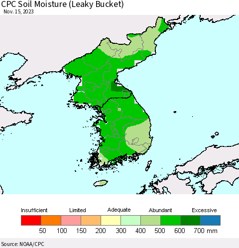 Korea CPC Soil Moisture (Leaky Bucket) Thematic Map For 11/11/2023 - 11/15/2023