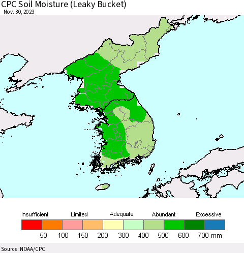 Korea CPC Soil Moisture (Leaky Bucket) Thematic Map For 11/26/2023 - 11/30/2023