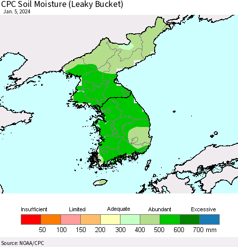 Korea CPC Soil Moisture (Leaky Bucket) Thematic Map For 1/1/2024 - 1/5/2024
