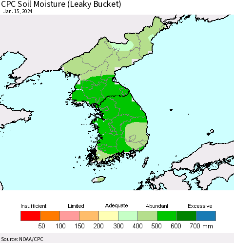 Korea CPC Soil Moisture (Leaky Bucket) Thematic Map For 1/11/2024 - 1/15/2024