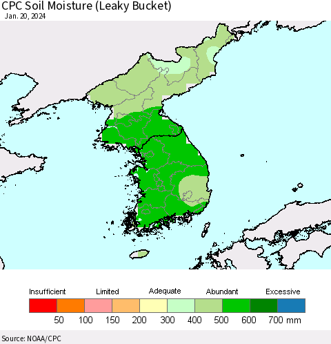 Korea CPC Soil Moisture (Leaky Bucket) Thematic Map For 1/16/2024 - 1/20/2024