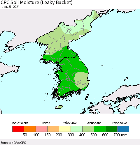 Korea CPC Soil Moisture (Leaky Bucket) Thematic Map For 1/26/2024 - 1/31/2024