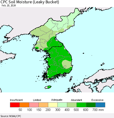 Korea CPC Soil Moisture (Leaky Bucket) Thematic Map For 2/16/2024 - 2/20/2024