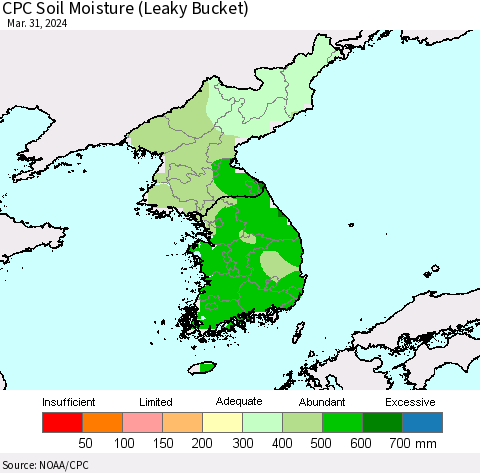 Korea CPC Soil Moisture (Leaky Bucket) Thematic Map For 3/26/2024 - 3/31/2024