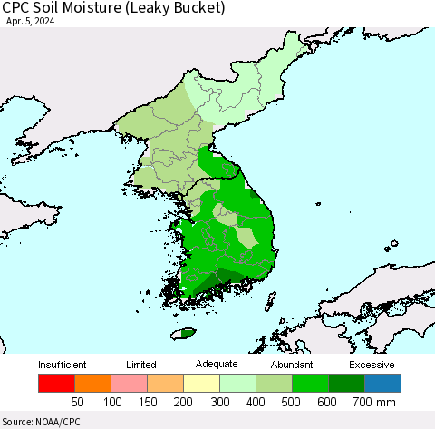 Korea CPC Soil Moisture (Leaky Bucket) Thematic Map For 4/1/2024 - 4/5/2024