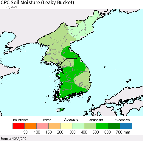 Korea CPC Soil Moisture (Leaky Bucket) Thematic Map For 7/1/2024 - 7/5/2024