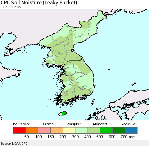 Korea CPC Soil Moisture (Leaky Bucket) Thematic Map For 6/6/2025 - 6/10/2025