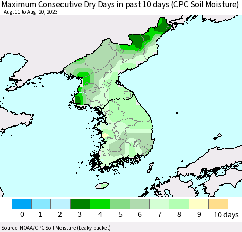 Korea Maximum Consecutive Dry Days in past 10 days (CPC Soil Moisture) Thematic Map For 8/16/2023 - 8/20/2023