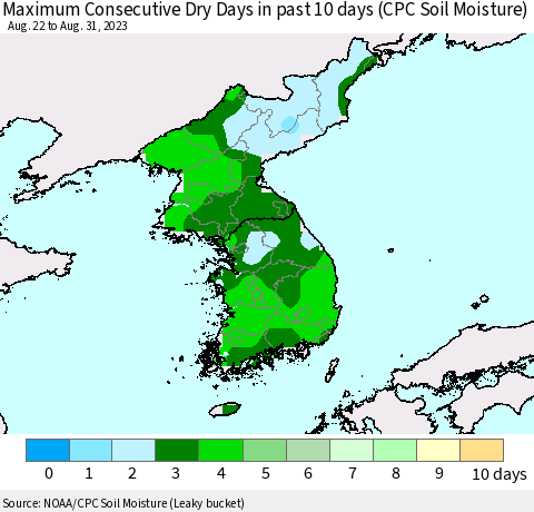 Korea Maximum Consecutive Dry Days in past 10 days (CPC Soil Moisture) Thematic Map For 8/26/2023 - 8/31/2023