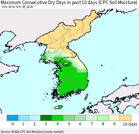 Korea Maximum Consecutive Dry Days in past 10 days (CPC Soil Moisture) Thematic Map For 2/26/2024 - 2/29/2024