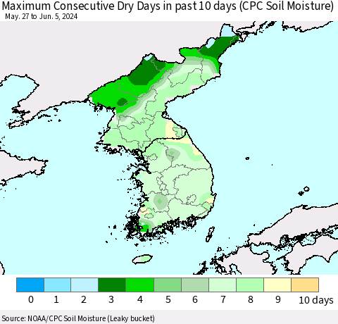 Korea Maximum Consecutive Dry Days in past 10 days (CPC Soil Moisture) Thematic Map For 6/1/2024 - 6/5/2024