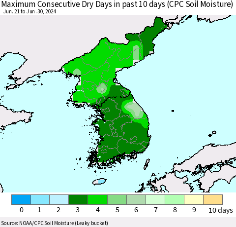 Korea Maximum Consecutive Dry Days in past 10 days (CPC Soil Moisture) Thematic Map For 6/26/2024 - 6/30/2024