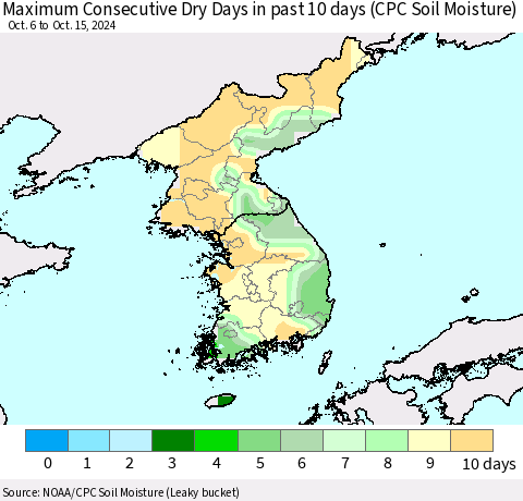 Korea Maximum Consecutive Dry Days in past 10 days (CPC Soil Moisture) Thematic Map For 10/11/2024 - 10/15/2024