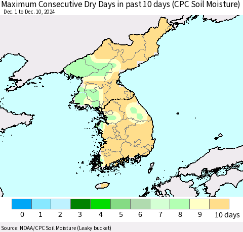 Korea Maximum Consecutive Dry Days in past 10 days (CPC Soil Moisture) Thematic Map For 12/6/2024 - 12/10/2024