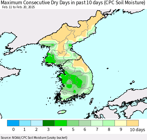 Korea Maximum Consecutive Dry Days in past 10 days (CPC Soil Moisture) Thematic Map For 2/16/2025 - 2/20/2025