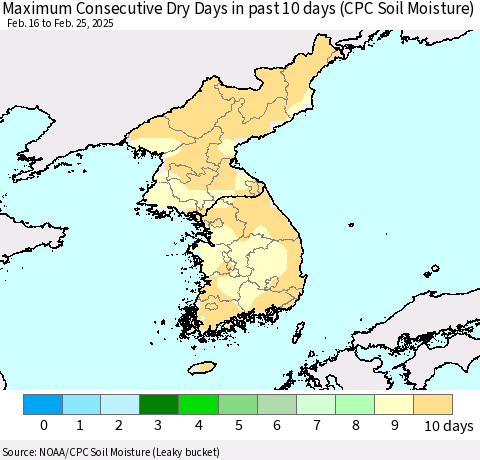 Korea Maximum Consecutive Dry Days in past 10 days (CPC Soil Moisture) Thematic Map For 2/21/2025 - 2/25/2025