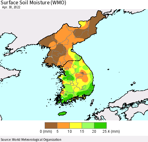 Korea Surface Soil Moisture (WMO) Thematic Map For 4/26/2022 - 4/30/2022