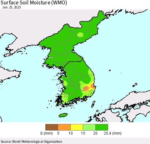 Korea Surface Soil Moisture (WMO) Thematic Map For 1/21/2023 - 1/25/2023