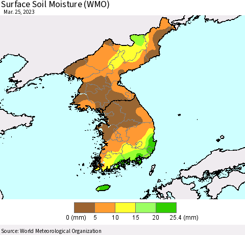 Korea Surface Soil Moisture (WMO) Thematic Map For 3/21/2023 - 3/25/2023