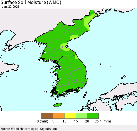 Korea Surface Soil Moisture (WMO) Thematic Map For 1/16/2024 - 1/20/2024