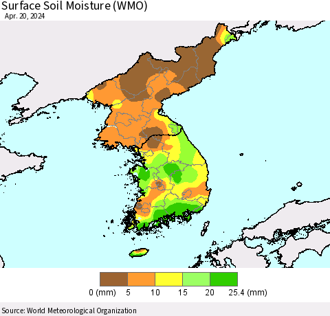 Korea Surface Soil Moisture (WMO) Thematic Map For 4/16/2024 - 4/20/2024